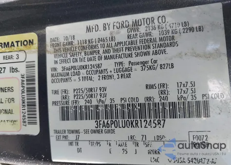 2019 Ford Fusion Hybrid Se z USA, uszkodzony, nr VIN 3FA6P0LU0KR124587